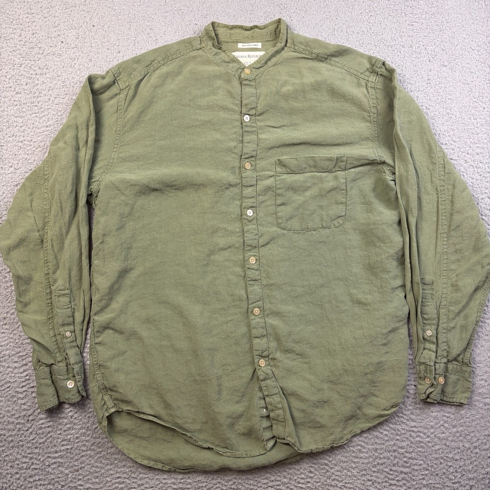 VTG Banana Republic Shirt Mens Medium Green 100% Irish Linen Band Collar
